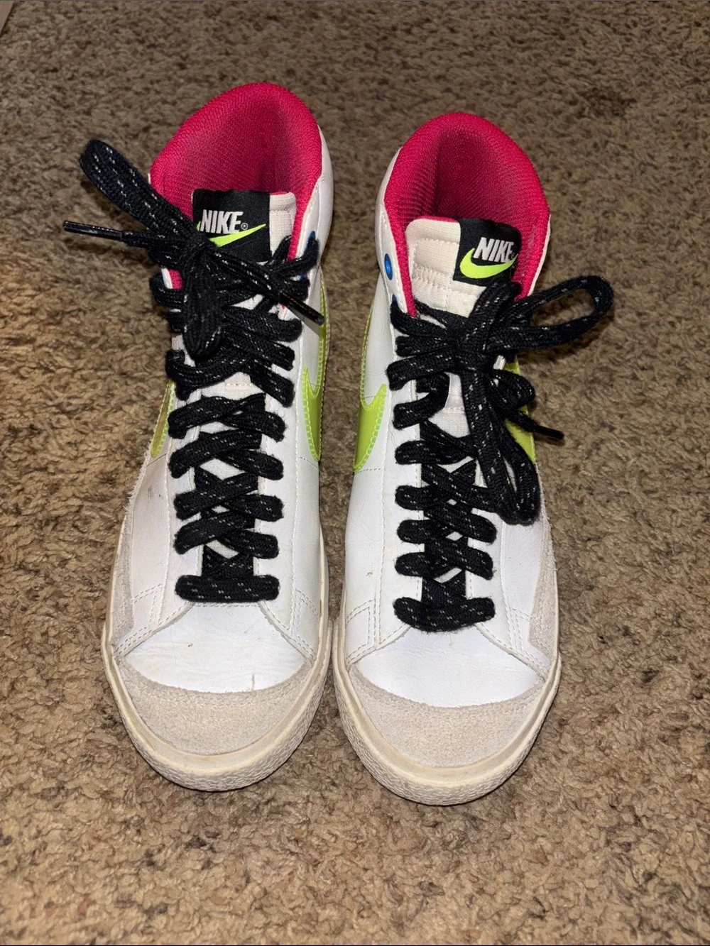 Nike White High-Top Sneakers with Yellow Swoosh and Pink Lining